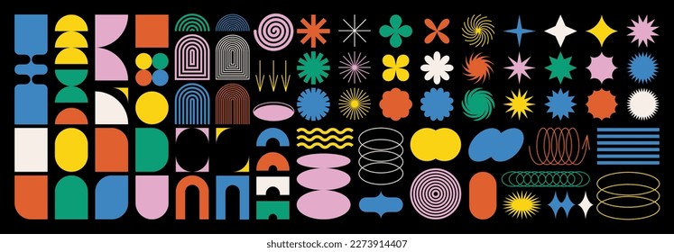 Brutalist abstract geometric shapes and grids. Brutal contemporary figure star oval spiral flower and other primitive elements. Swiss design aesthetic. Bauhaus memphis design. - Shutterstock ID 2273914407