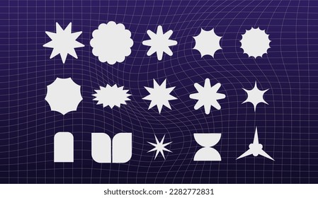 Brutalist abstract geometric shapes and grids. Brutal contemporary figure star oval spiral flower and other primitive elements. Swiss design aesthetic. Bauhaus memphis design