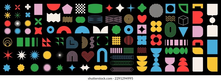 Brutalist abstract geometric shapes and grids. Brutal contemporary figure star oval spiral flower and other primitive elements. Y2K Geometric design element shapes