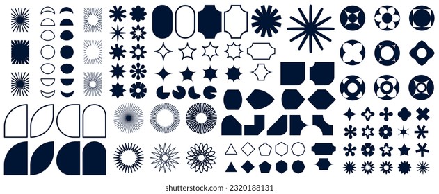 Brutalist abstract geometric shapes and grids. Brutal contemporary figure star oval spiral flower and other primitive elements. Swiss design aesthetic.  