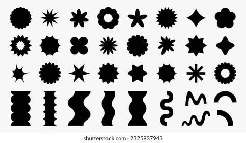Formas geométricas abstractas y brutales. Flor de espiral ovalada y otros elementos primitivos de la estrella de figuras contemporáneas brutales. Estética de diseño suizo. Diseño de Bauhaus memphis