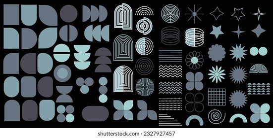 Brutalistische abstrakte geometrische Formen und Gitter. Brutale zeitgenössische Figuren kreisen mit ovalen Spiralblumen und anderen Elementen. Schweizer Design ästhetisch.Brutalist abstrakte geometrische Formen Illustration