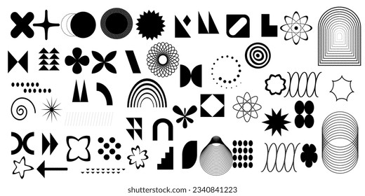 Brutalist abstract geometric shapes and grids. Brutal contemporary figure star oval spiral flower and other primitive elements. Swiss design aesthetic. Bauhaus memphis design. Vector