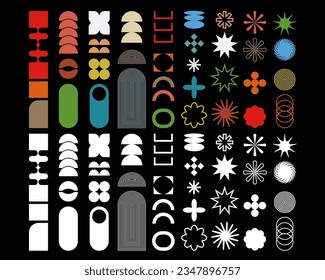 Brutalist abstract geometric shapes and grids Brutal contemporary figure star oval spiral flower and other primitive elements Swiss design aesthetic Bauhaus memphis design