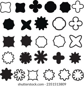 Brutalist abstract geometric shapes and grids. Brutal star oval spiral flower and other primitive elements. Swiss design aesthetic. Basic geometric shapes collection