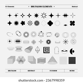 Brutalist abstract geometric shapes and grids. Brutal contemporary figure star oval spiral flower and other primitive elements. Swiss design aesthetic. Bauhaus memphis design.
