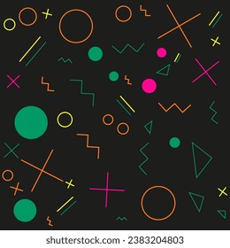 Brutalist abstract geometric shapes and grids. Brutal contemporary figure star oval spiral flower and other primitive elements. design aesthetic. Bauhaus memphis design isolated in black background.