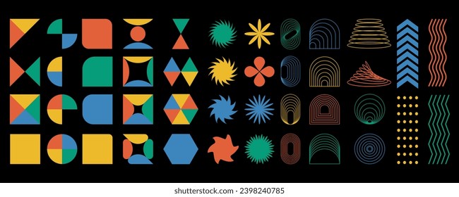 Formas geométricas abstractas y brutales. Flor de espiral ovalada y otros elementos primitivos de la estrella de figuras contemporáneas brutales. Estética de diseño suizo. Diseño de Bauhaus memphis.