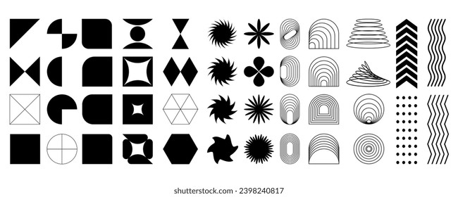 Brutalist abstract geometric shapes and grids. Brutal contemporary figure star oval spiral flower and other primitive elements. Swiss design aesthetic. Bauhaus memphis design.