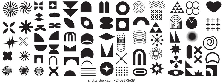 Brutalist abstract geometric shapes and grids vector set. Set of brutalist geometric shapes. Memphis design vector. Modern abstract graphic design elements. Vector illustration