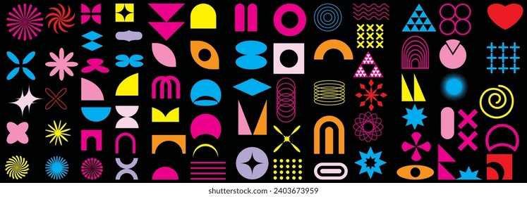 Formas geométricas abstractas brutales y conjunto de cuadrículas. Conjunto de formas geométricas brutales. Vector de diseño Memphis. Elementos de diseño gráfico abstracto moderno. Ilustración del vector