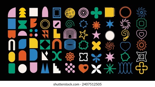 Brutalist abstract geometric shapes and grids. Brutal contemporary figure star oval spiral flower and other primitive elements. Swiss design aesthetic. Bauhaus Memphis design.