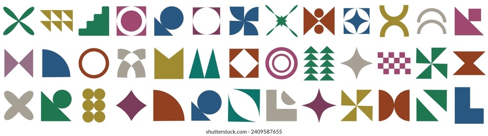 Brutalist abstract geometric shapes and grids. Brutal contemporary figure star oval spiral flower and other primitive elements. Swiss design aesthetic. Set of Bauhaus memphis design. EPS 10