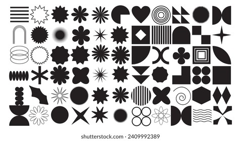 Brutalist abstract geometric shapes and grids. Brutal contemporary figure star oval spiral flower and other primitive elements. Swiss design aesthetic. Bauhaus memphis design.