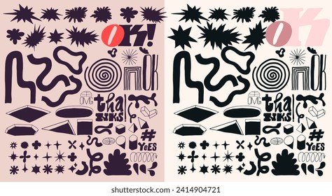 Brutalist abstract geometric shapes and grids collection. Hand Drawn Brutal contemporary figure star oval spiral flower other primitive elements. Swiss design aesthetic. Bauhaus memphis vector design.