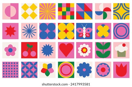 Brutalist abstract geometric shapes and grids in bright primary colors. Modern contemporary icons like star, simple flower, leaves, heart,  y2k Geometric design square elements. 