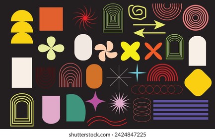 Brutalist abstract geometric shapes and grids. Brutal contemporary figure star oval spiral flower and other primitive elements. Swiss design aesthetic. Bauhaus memphis design.