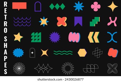 Brutalist abstract geometric shapes and grids. Brutal contemporary figure star oval spiral flower and other primitive elements. Swiss design aesthetic.