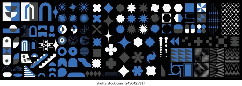 Brutalist abstract geometric shapes and grids. Brutal contemporary figure: star, oval, rhombus, flower and other primitive elements. Swiss design aesthetic. Bauhaus memphis design.