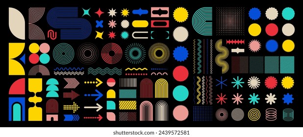 Brutalist abstract geometric shapes and grids. Colorful contemporary abstract symbols and shapes and other primitive elements Collection. Memphis design Bauhaus Style. Full Vector Set