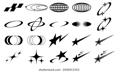 Brutalist abstract geometric shapes and grids. Brutal modern shapes, stars, lines, circles, oval spiral flower and other primitive elements, Memphis geometric silhouette elements vector set