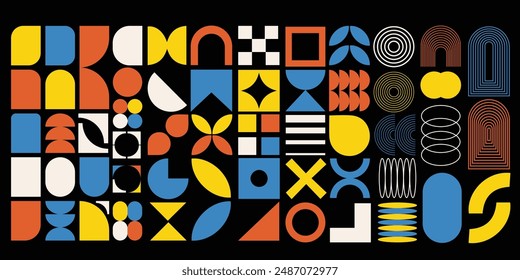 Brutalist abstract geometric shapes and grids. Brutal contemporary figure star oval spiral flower and other primitive elements. Swiss design aesthetic. Bauhaus Memphis design