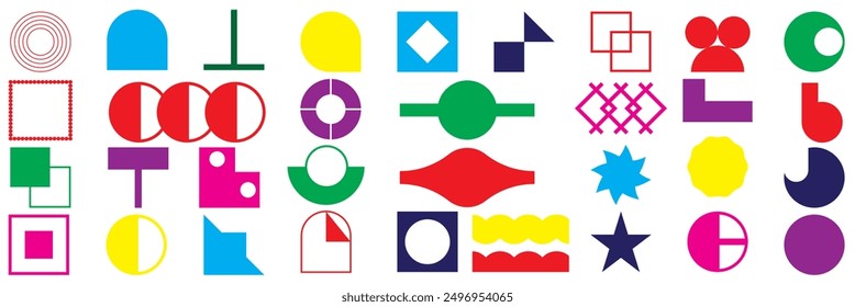 Brutalist abstract geometric shapes and grids. Brutal contemporary figure star oval spiral flower and other primitive elements. Vector eps 10.