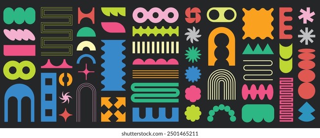 Brutalist abstract geometric shapes and grids. Brutal contemporary figure star oval spiral flower and other primitive elements. Swiss design aesthetic.