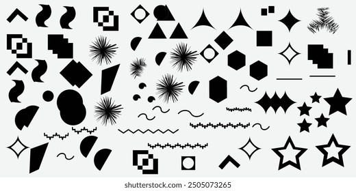 Brutalist abstract geometric shapes and grids. Contemporary figure star oval spiral flower and other primitive elements. Swiss design aesthetic.