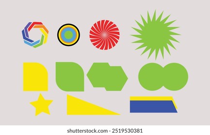 Brutalist abstract geometric shapes and grids. Brutal contemporary figure star oval spiral flower and other primitive elements. Swiss design aesthetic. Bauhaus memphis design.