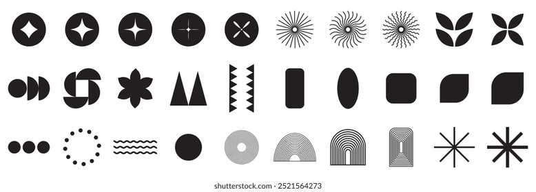 Brutalist abstract geometric shapes and grids. Brutal contemporary figure star oval spiral flower and other primitive elements. Swiss design aesthetic. Bauhaus memphis design.