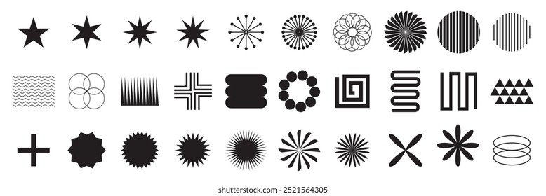 Brutalist abstract geometric shapes and grids. Brutal contemporary figure star oval spiral flower and other primitive elements. Swiss design aesthetic. Bauhaus memphis design.