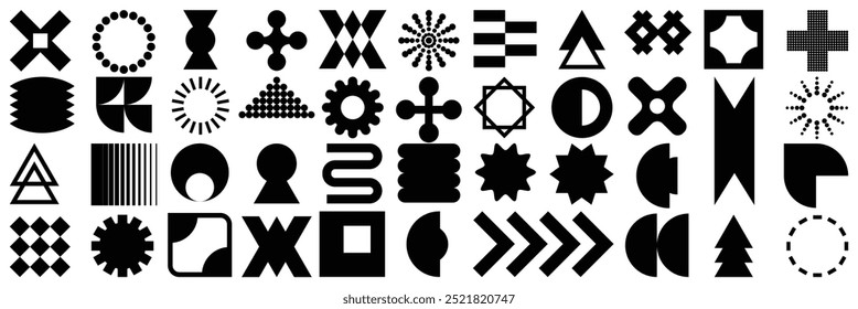 Brutalist abstract geometric shapes and grids. Brutal contemporary figure star oval spiral flower and other primitive elements. Swiss design aesthetic. Bauhaus memphis design. EPS 10