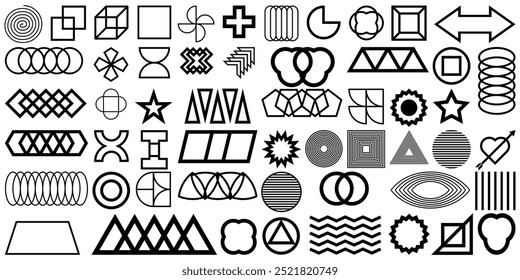 Brutalist abstract geometric shapes and grids. Brutal contemporary figure star oval spiral flower and other primitive elements. Swiss design aesthetic. Bauhaus memphis design. EPS 10