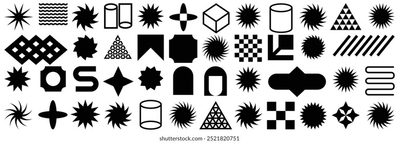 Brutalist abstract geometric shapes and grids. Brutal contemporary figure star oval spiral flower and other primitive elements. Swiss design aesthetic. Bauhaus memphis design. EPS 10