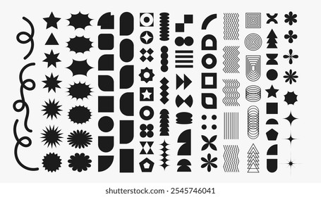 Brutalist abstract geometric shapes and grids. Bauhaus Minimalist Graphic Design Elements. Figure star oval spiral flower and other primitive elements