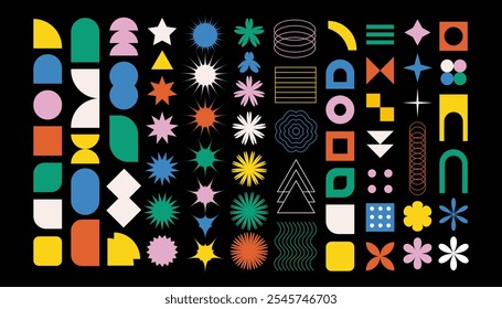 Brutalist abstract geometric shapes and grids. Brutal contemporary figure star oval spiral flower and other primitive elements. Swiss design aesthetic. Bauhaus memphis design.