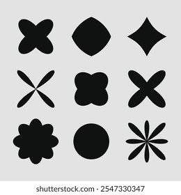 Brutalistische abstrakte geometrische Formen und Gitter. Brutal zeitgenössische Figur Stern ovale Spiralblume und andere primitive Elemente.Vektorgrafik