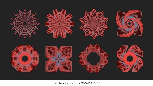 Brutalist abstract geometric shapes and grids. Brutal contemporary figure star oval spiral flower and other primitive elements. Swiss design aesthetic. Different Shapes on black background