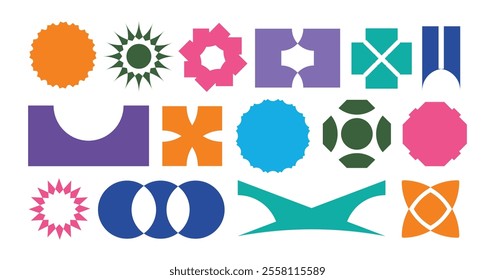 Brutalist abstract geometric shapes and grids Logos. Brutal contemporary figure star oval spiral flower and other primitive elements. Swiss design aesthetic. Bauhaus Memphis design.