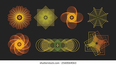 Brutalist abstract geometric shapes and grids. Brutal contemporary figure star oval spiral flower and other primitive elements. Swiss design aesthetic. Different Shapes on black background