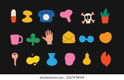 Brutalist abstract geometric shapes and grids. Brutal contemporary figure star oval spiral flower and other primitive elements for t shirt design, textile print and gifts design.