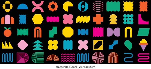 
Brutalist abstract geometric shapes and grids. Y2K Geometric design element shapes.Colorful groovy brutal figures. Modern Swiss design aesthetic.