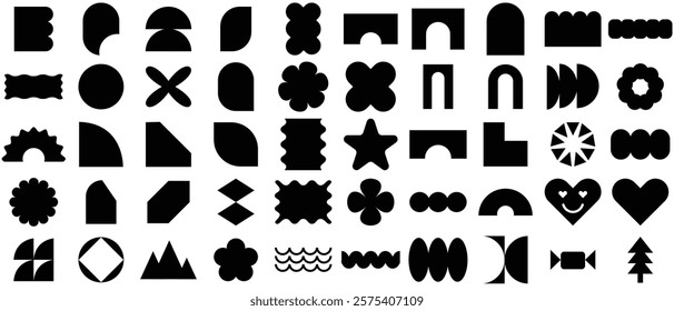 Brutalist abstract geometric shapes and grids. Y2K Geometric design element shapes.Brutal contemporary figure star oval spiral flower and other primitive elements.
