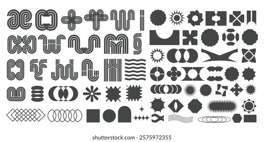 Brutalist abstract geometric shapes and grids. Brutal contemporary figure star oval spiral flower and other primitive elements. Swiss design aesthetic. Bauhaus memphis design. Retro Shapes, Symbols