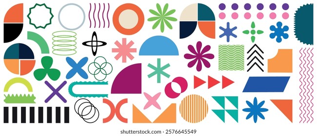 Brutalist abstract geometric shapes and grids.  Trendy abstract minimalist figures, stars, flowers, circles. Big set of abstract geometric shapes. Colorful modern brutal forms,