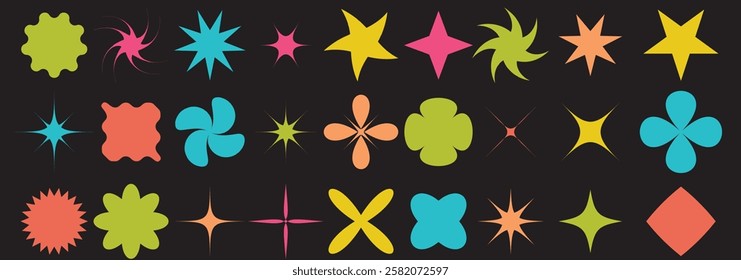 Brutalist abstract geometric shapes and grids. Brutal contemporary figure star oval spiral flower and other primitive elements. Swiss design aesthetic.  Vector illustration. 1176