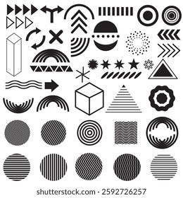 Brutalist abstract geometric shapes and grids. Brutal contemporary figure star oval spiral flower and other primitive elements. Swiss design aesthetic. Bauhaus memphis design.