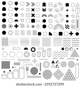 Brutalist abstract geometric shapes and grids. Brutal contemporary figure star oval spiral flower and other primitive elements. Swiss design aesthetic. Bauhaus Memphis