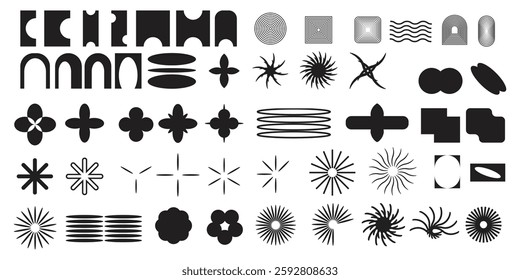 Brutalist Abstract Geometric shapes and grids, Brutal contemporary figure star oval spiral flower and other primitive elements. Swiss design aesthetic. Bauhaus memphis design.